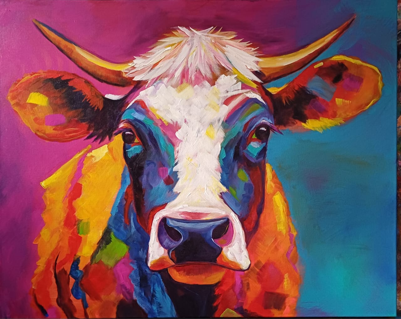 Original painting of a brown and white Nguni cow with curved horns by Kim Bezuidenhout