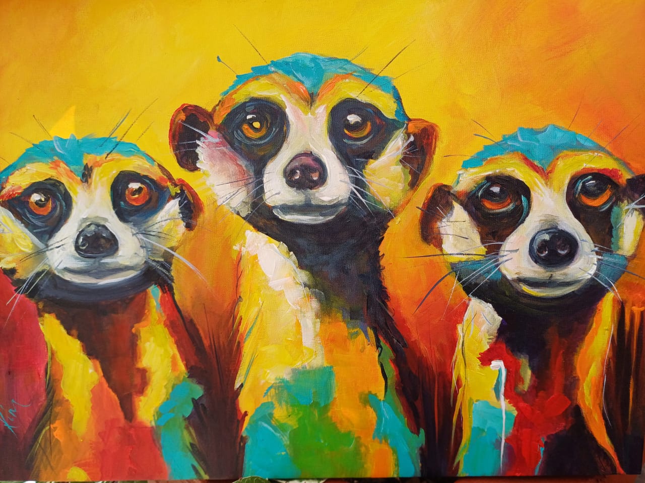 Original painting of three meerkats in blue, yellow and orange by Kim Bezuidenhout