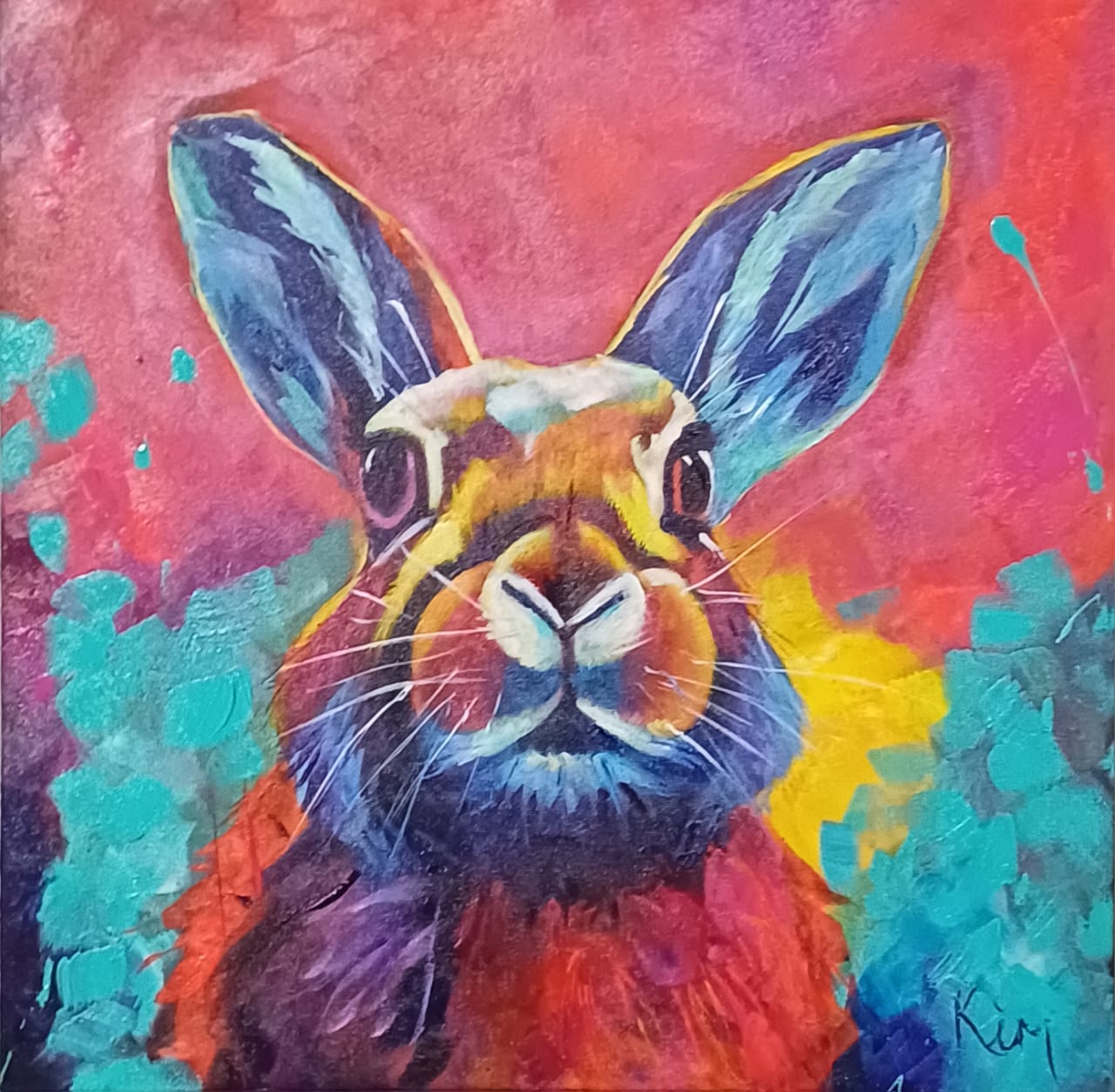 Original painting of a rabbit with large ears on hot pink by Kim Bezuidenhout