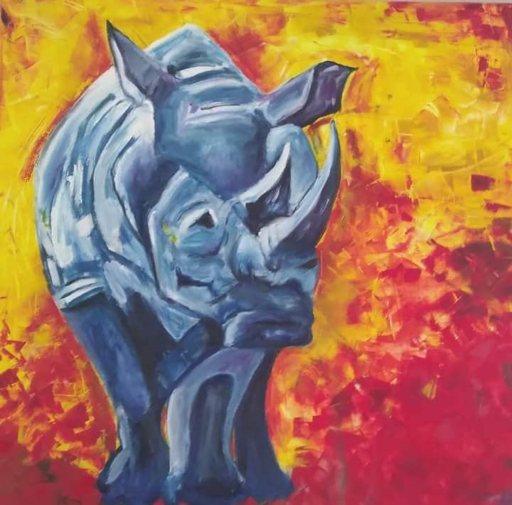 Original painting of a rhinoceros in blue and white by Kim Bezuidenhout