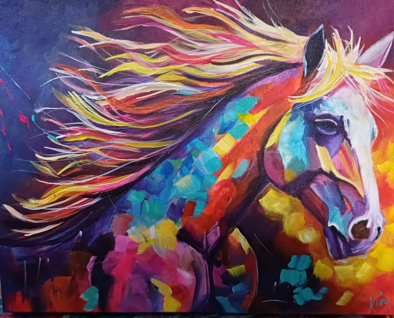 Original painting of a horse with a flowing rainbow mane by Kim Bezuidenhout