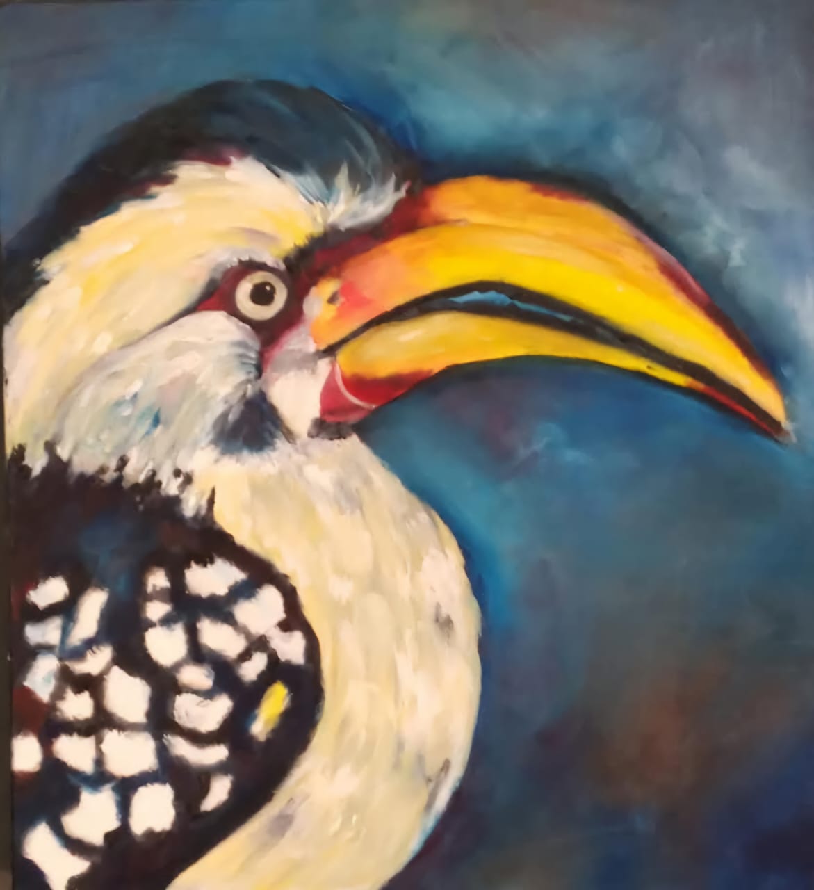 Original painting of a hornbill with a large yellow beak by Kim Bezuidenhout