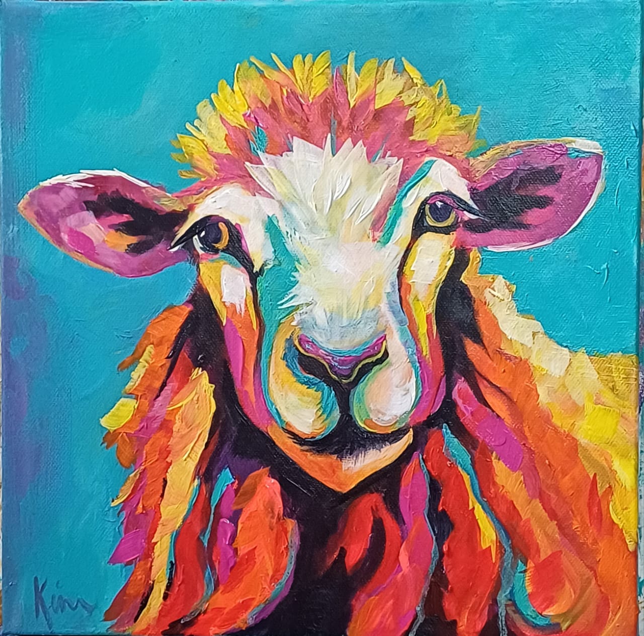 Original painting of a sheep with multi-coloured wool on teal by Kim Bezuidenhout