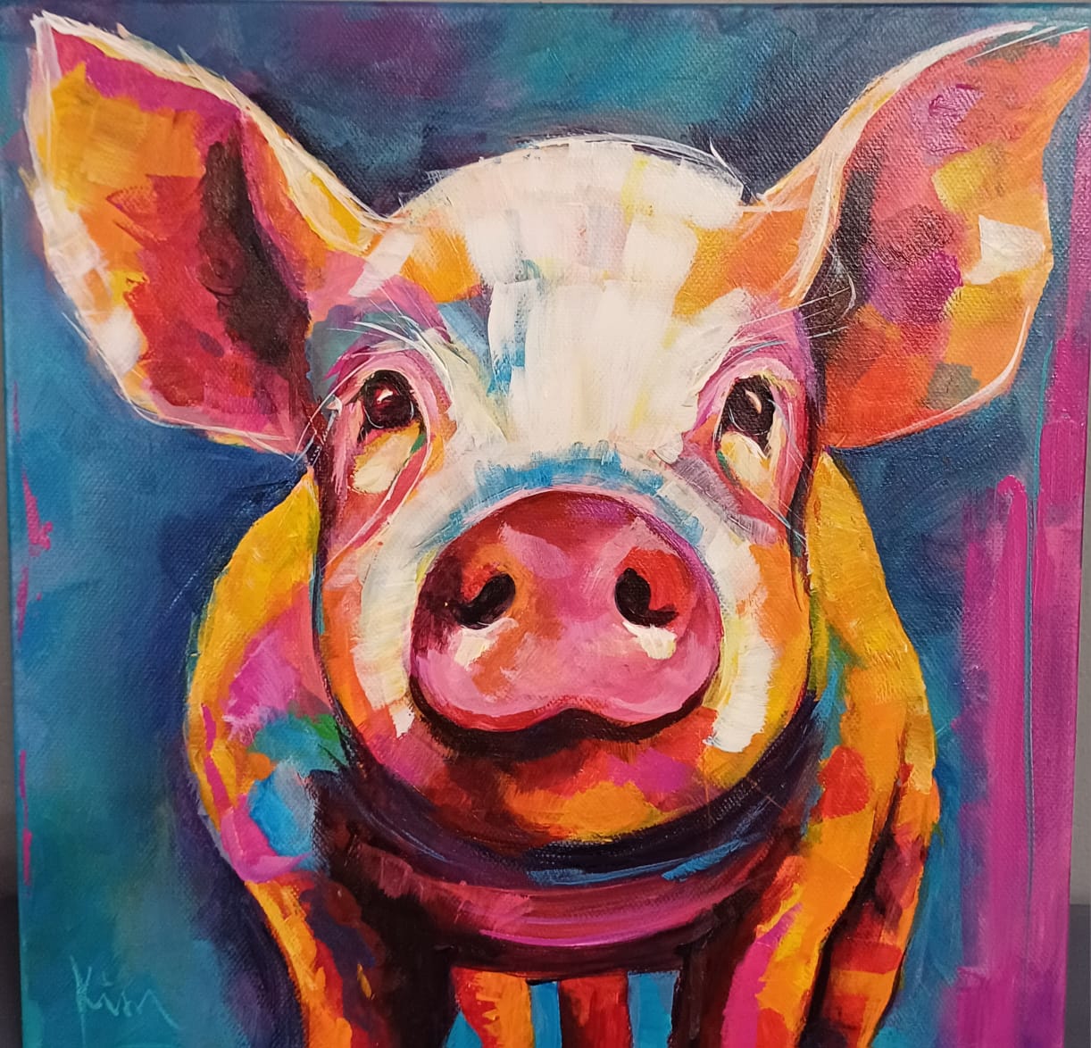 Original painting of a pig with large ears on blue by Kim Bezuidenhout