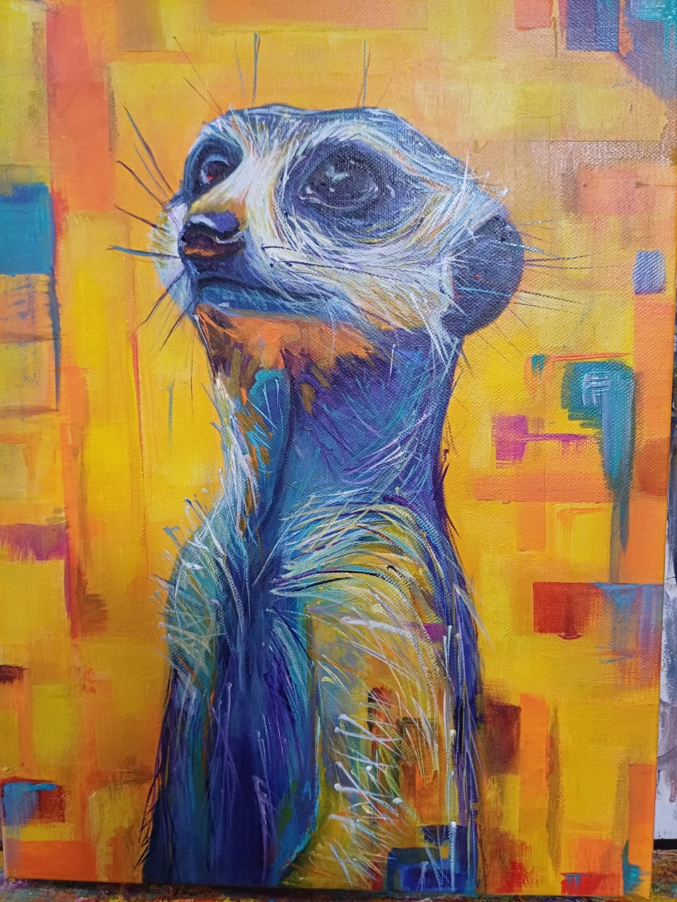 Original painting of a meerkat looking upwards by Kim Bezuidenhout