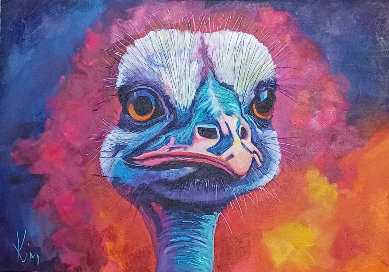 Original painting of an ostrich head on a deep blue background by Kim Bezuidenhout