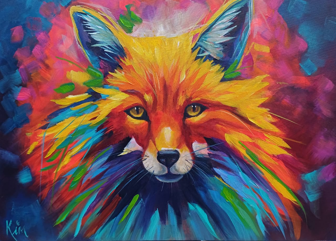 Original painting of a fox in yellow, orange and blue by Kim Bezuidenhout