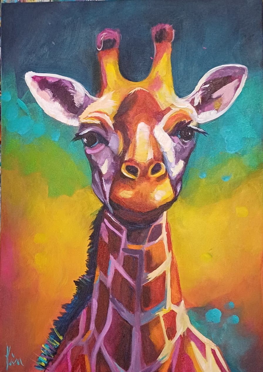 Original painting of a giraffe with multi-coloured neck markings by Kim Bezuidenhout