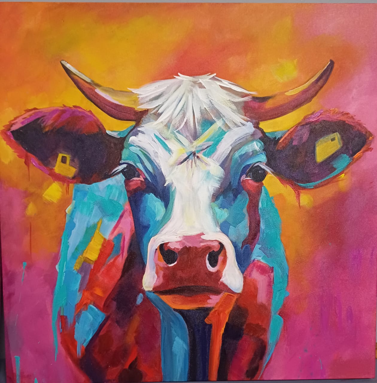 Original painting of a cow with yellow ear tags by Kim Bezuidenhout
